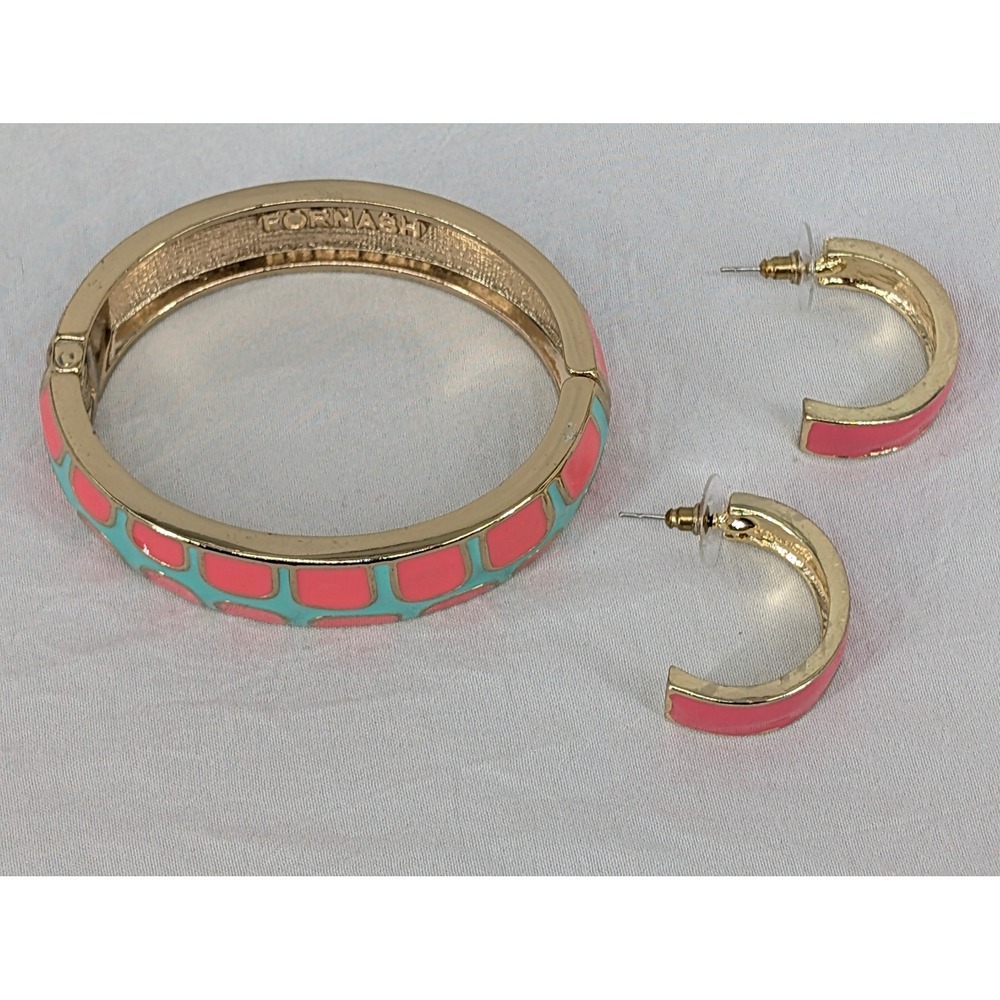 Fornash Gold Tone Pink Teal Enamel Hinged Bangle Bracelet and Hoop Earrings Set